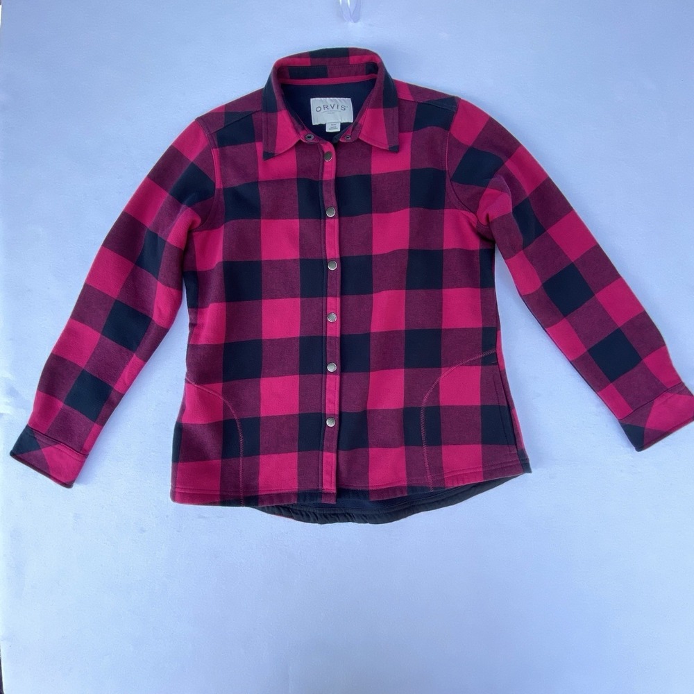 Orvis Fleece Lined Buffalo Plaid Shirt Jacket Women Medium Pink Black Cabin Core